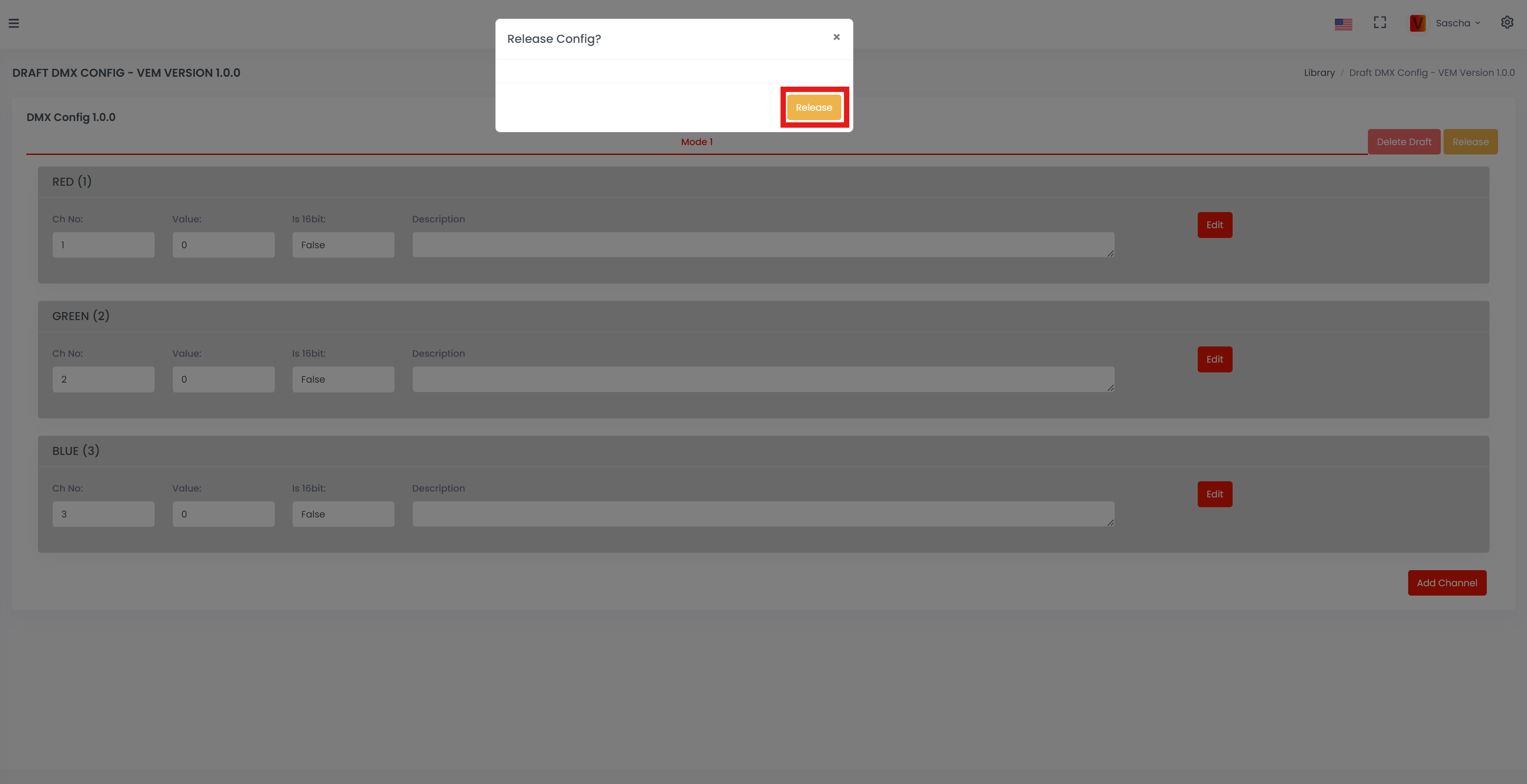 Confirm release of the DMX Config